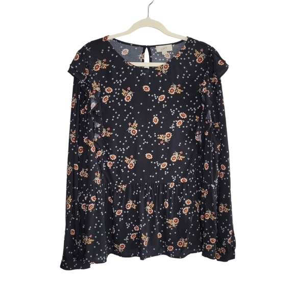 LOFT Black Sunflower Print Ruffle Detail Babydoll Relaxed Fit Blouse Top Size XL - Picture 1 of 9